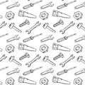 Vector pattern with handdrawn construction tools: saw hammer screw screwdriver nut wrench. Royalty Free Stock Photo